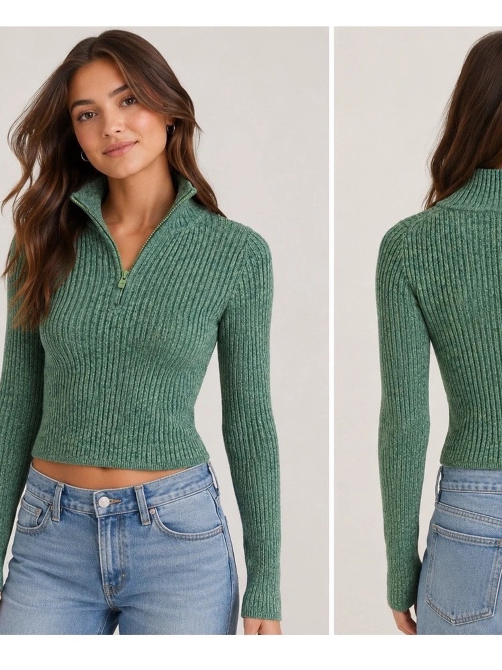 Aerie Green Marled Ribbed Quarter-Zip Cropped Sweater Size Small
